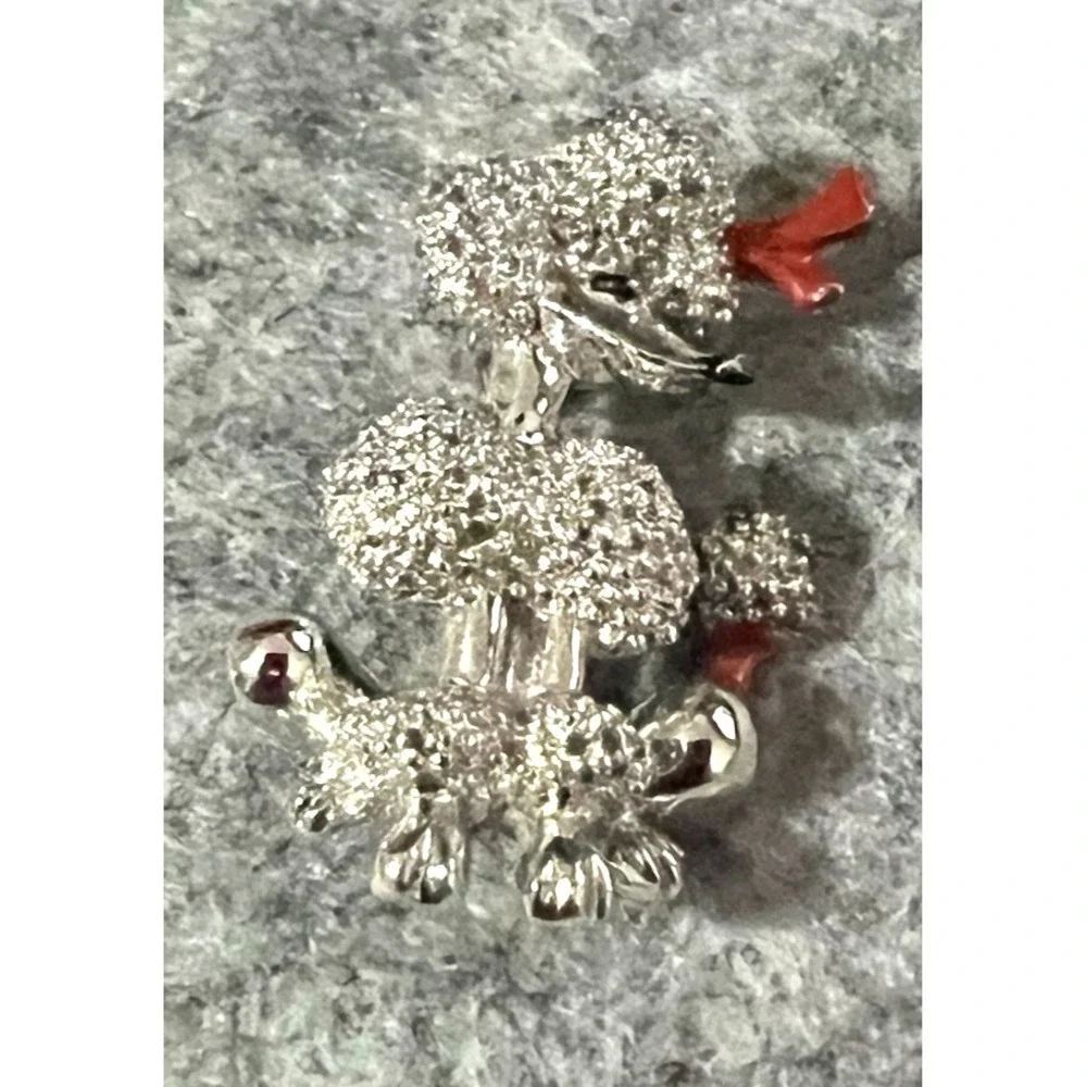 Vintage silver tone & red enamel poodle brooch